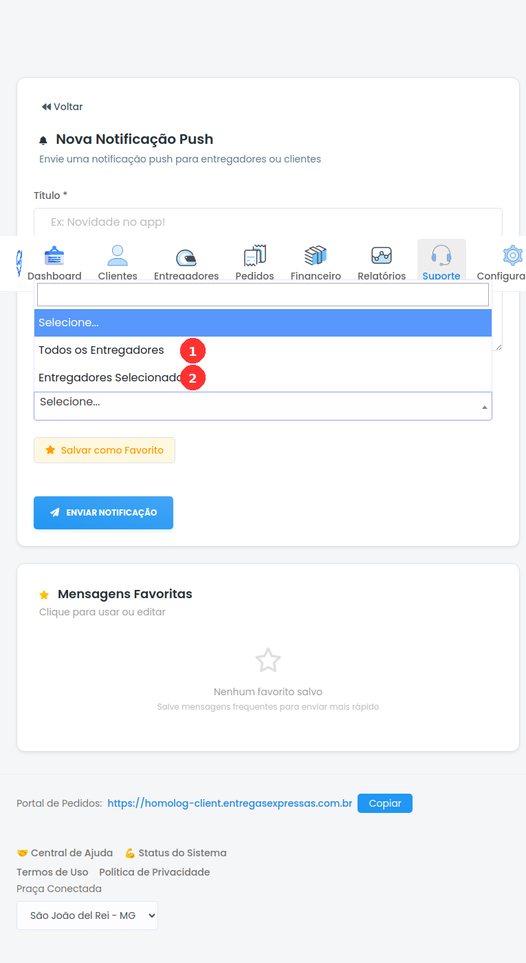 Dropdown de destinatários