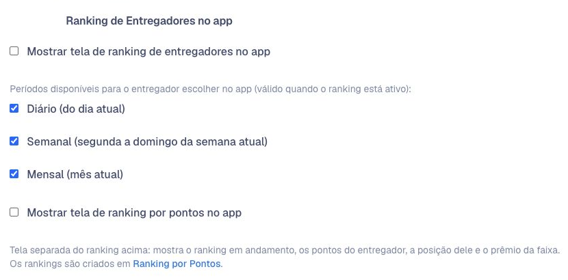 Permissões do aplicativo com opção Mostrar tela de ranking por pontos no app
