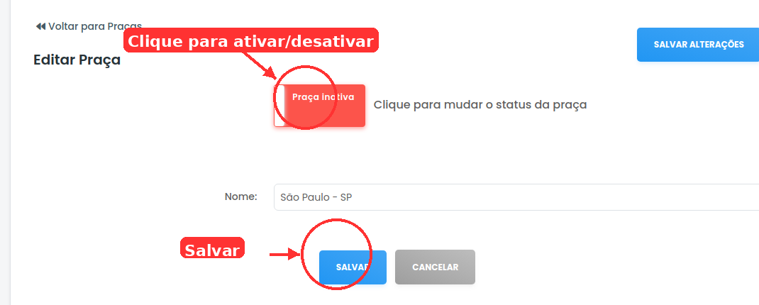 Tela de edição com setas indicando o toggle de status e o botão Salvar