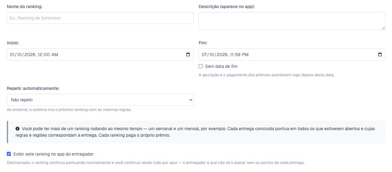 Nome, descrição, período, repetição e visibilidade do ranking