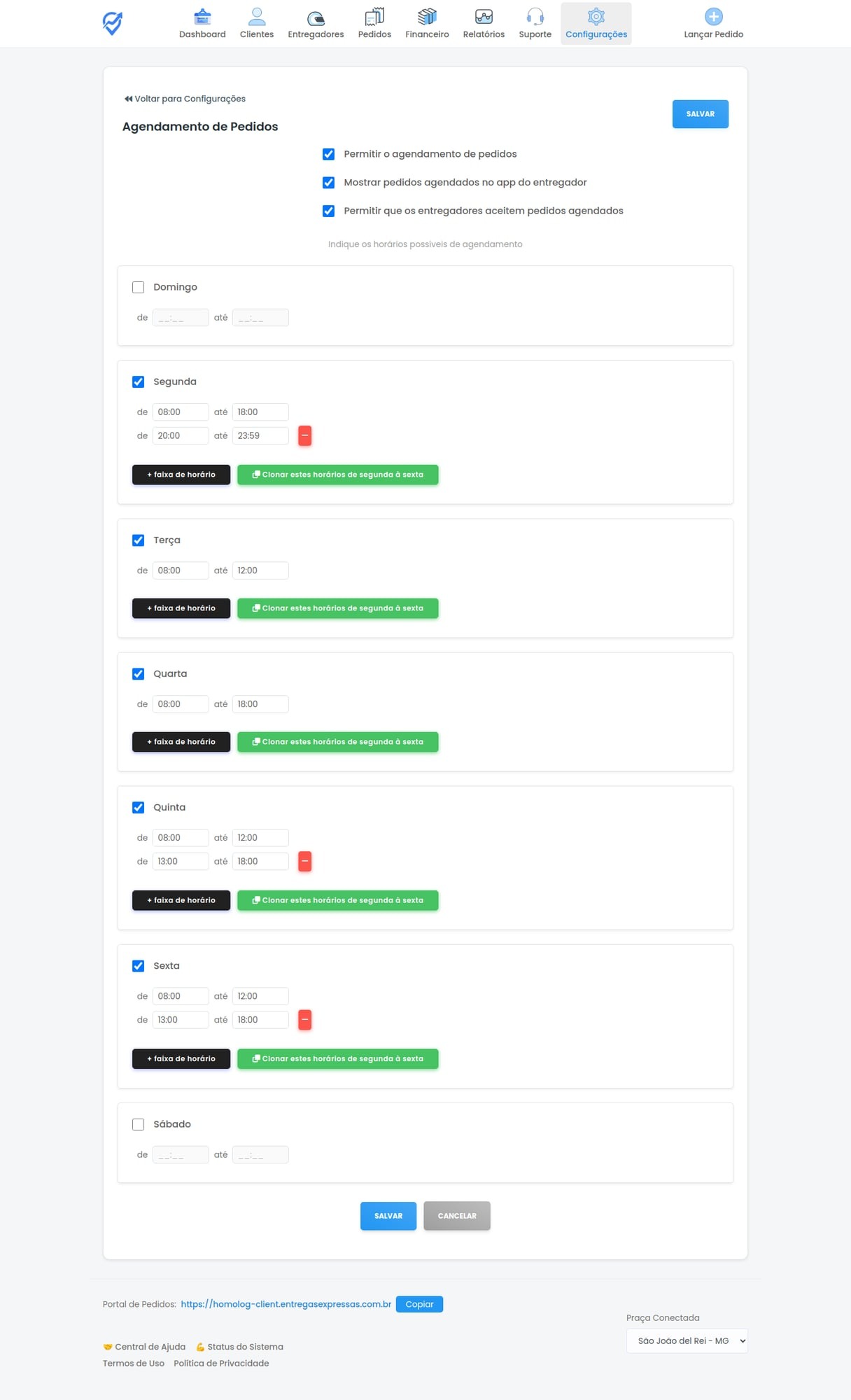 Tela de configuração de agendamentos