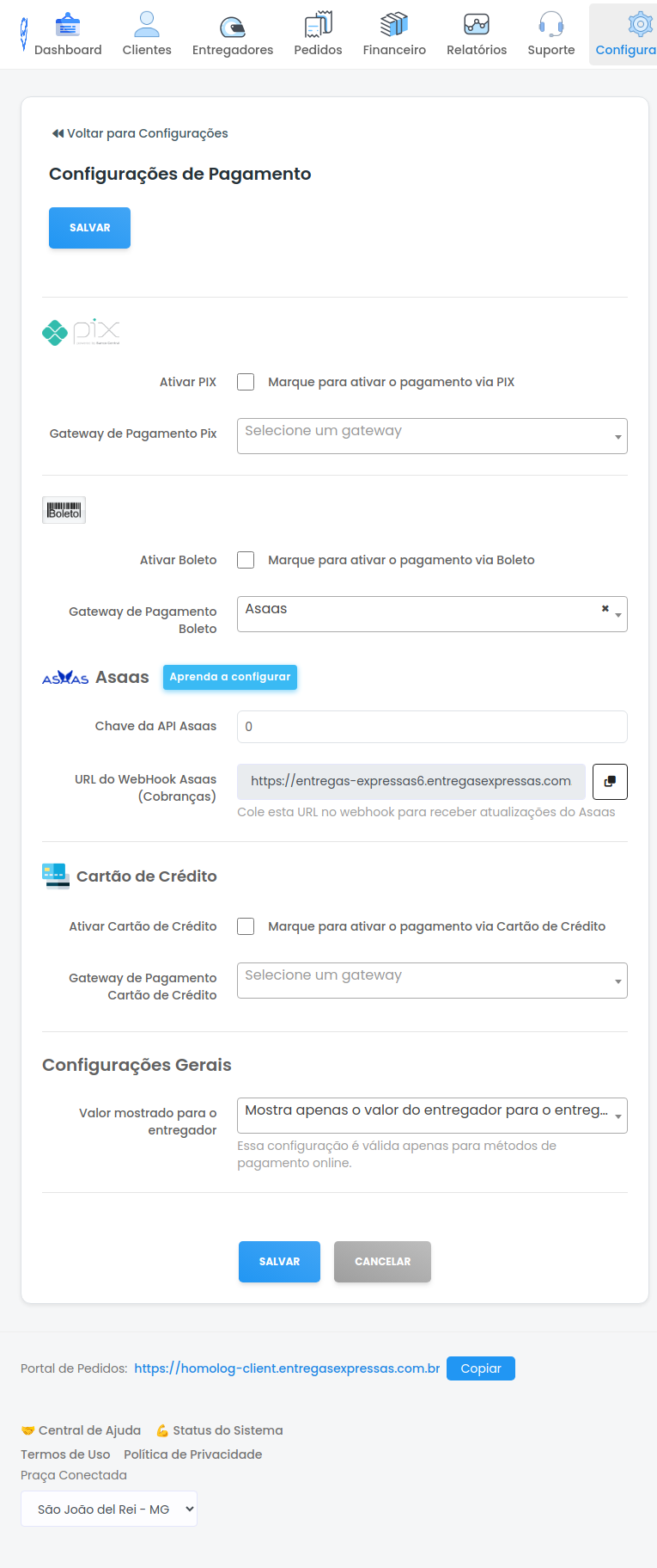 Tela de Configurações de Pagamento