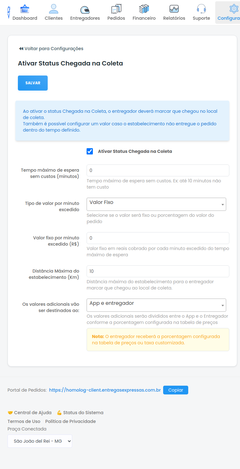 Tela de configuração do Status Chegada na Coleta