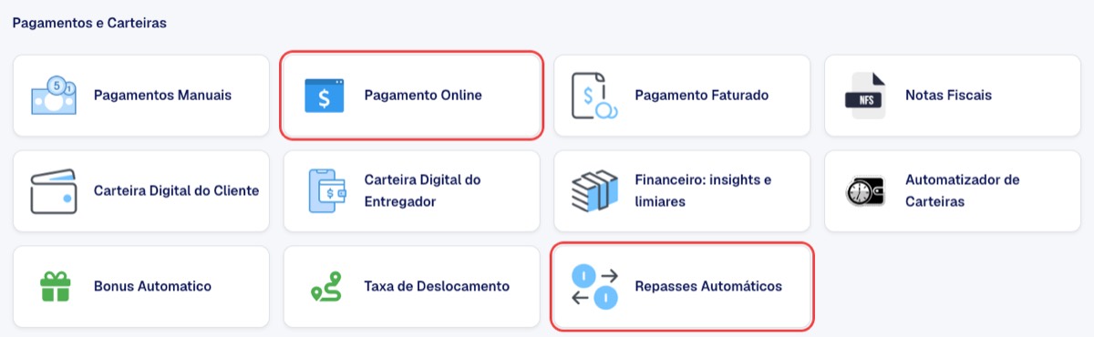 Cards Pagamento Online e Repasses Automáticos em Configurações
