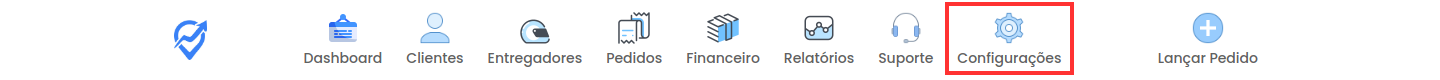 Menu Configurações destacado no painel administrativo