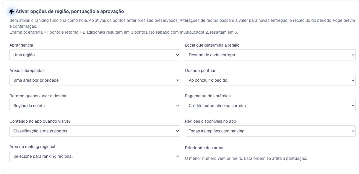 Configuração regional com destino de cada entrega e opções de retorno, pagamento e app
