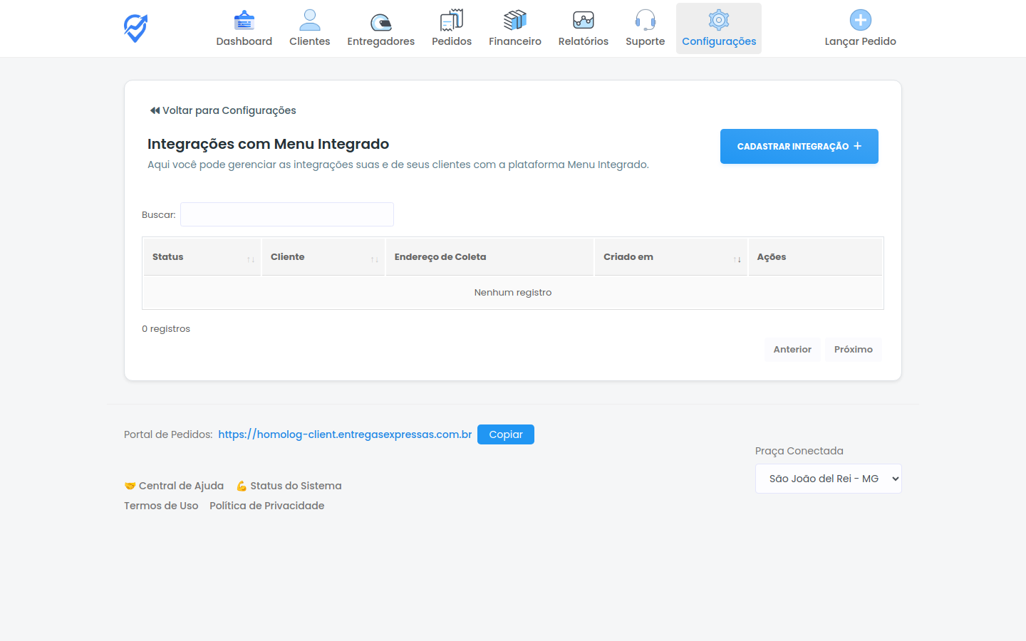 Tela de Integrações com Menu Integrado