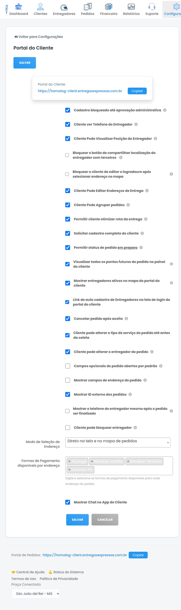 Tela de Configurações do Portal do Cliente