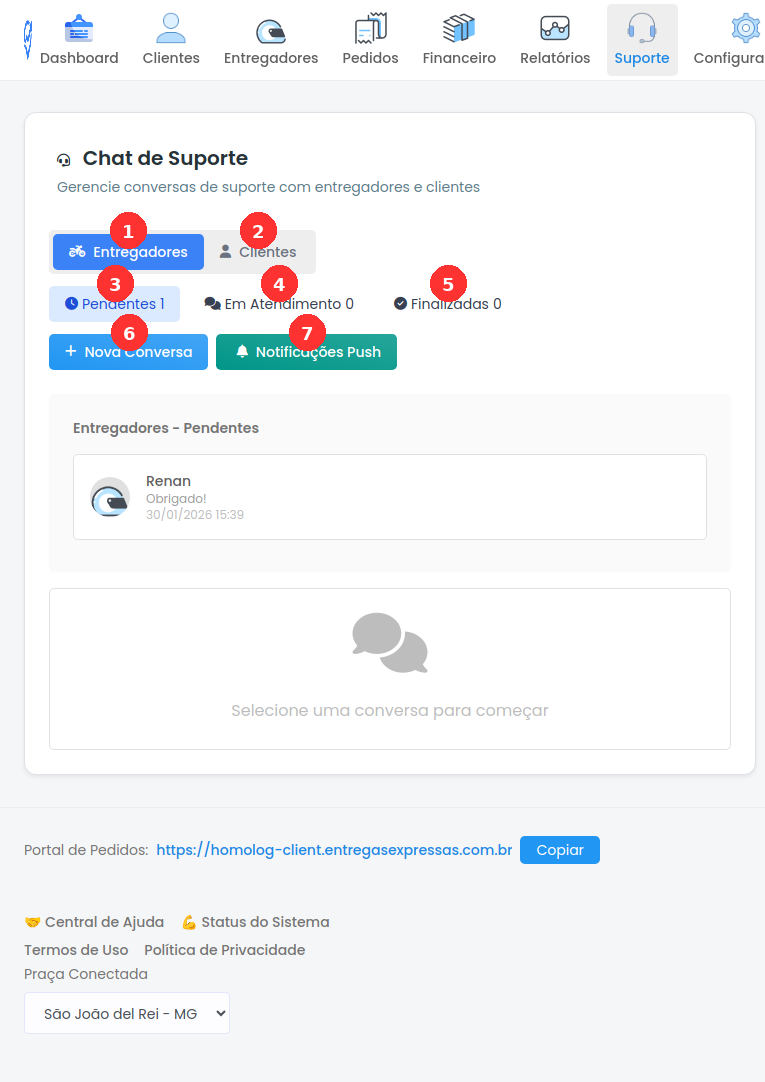 Tela principal do Chat de Suporte