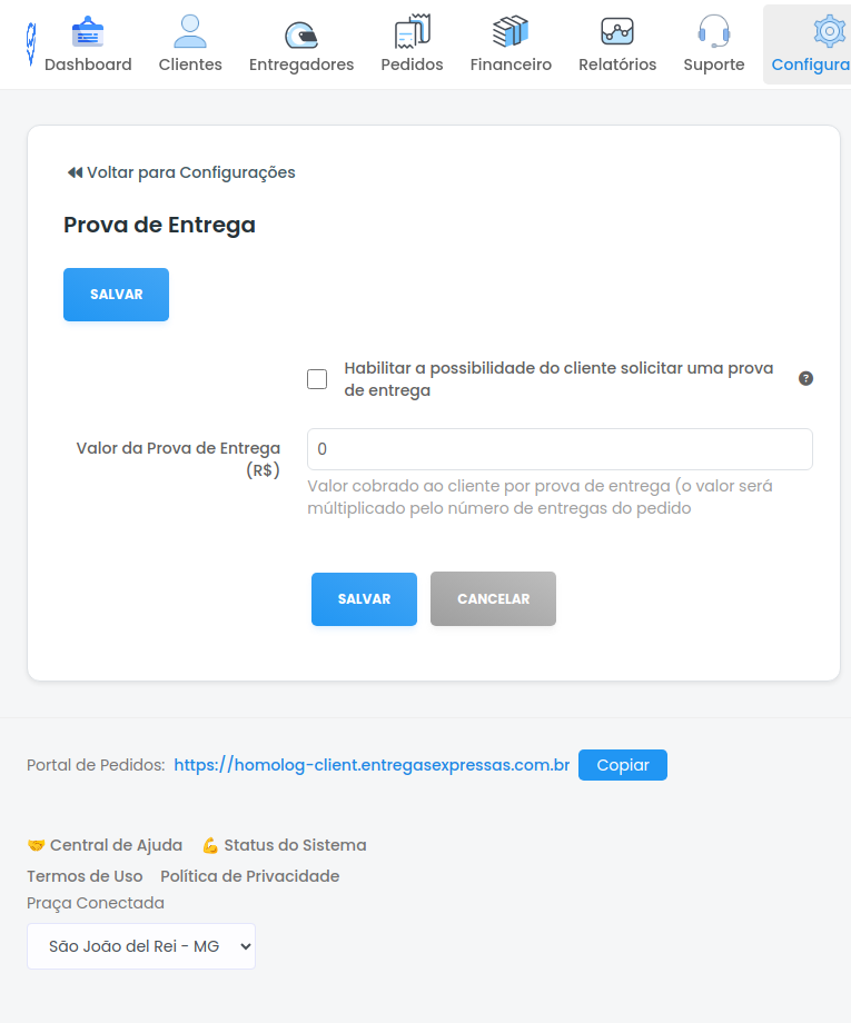 Tela de configuração da Prova de Entrega