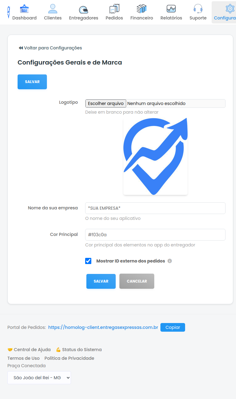 Tela de Configurações Gerais e de Marca