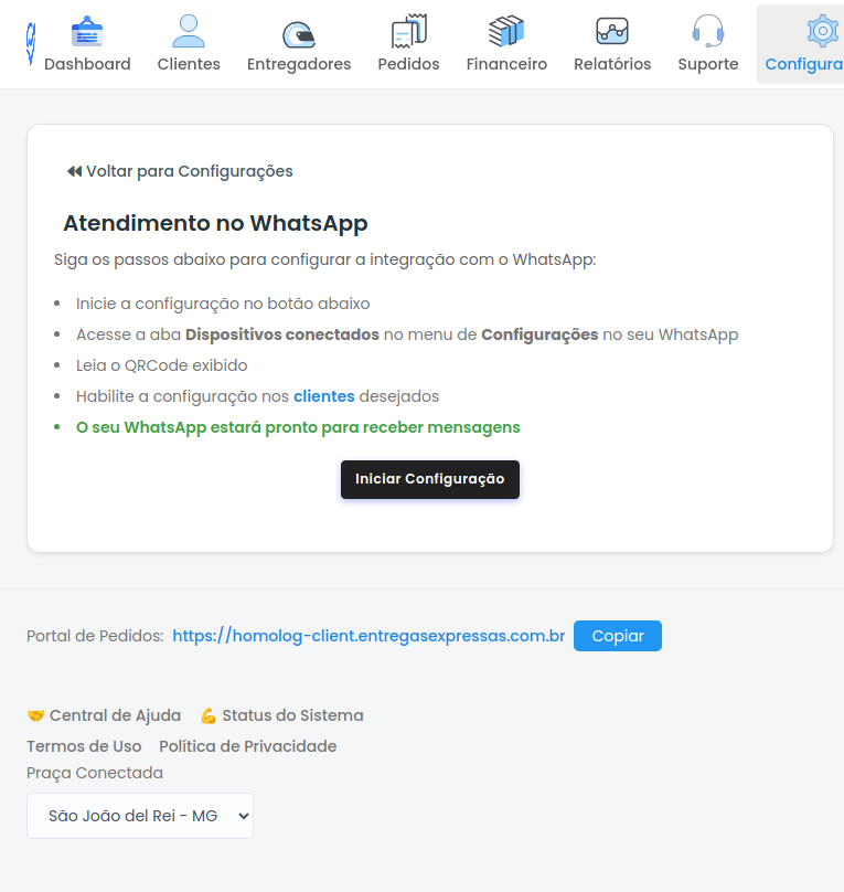 Tela de configuração do Atendimento no WhatsApp