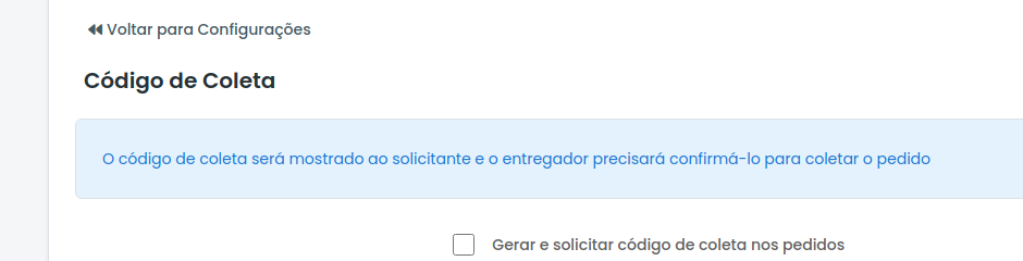 Tela de configuração do Código de Coleta