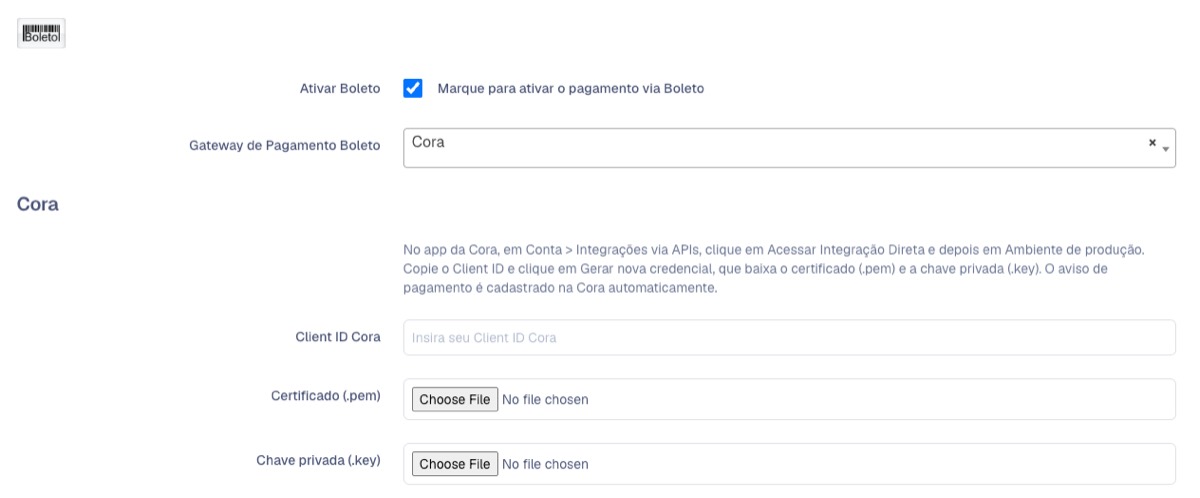 Boleto com o gateway Cora