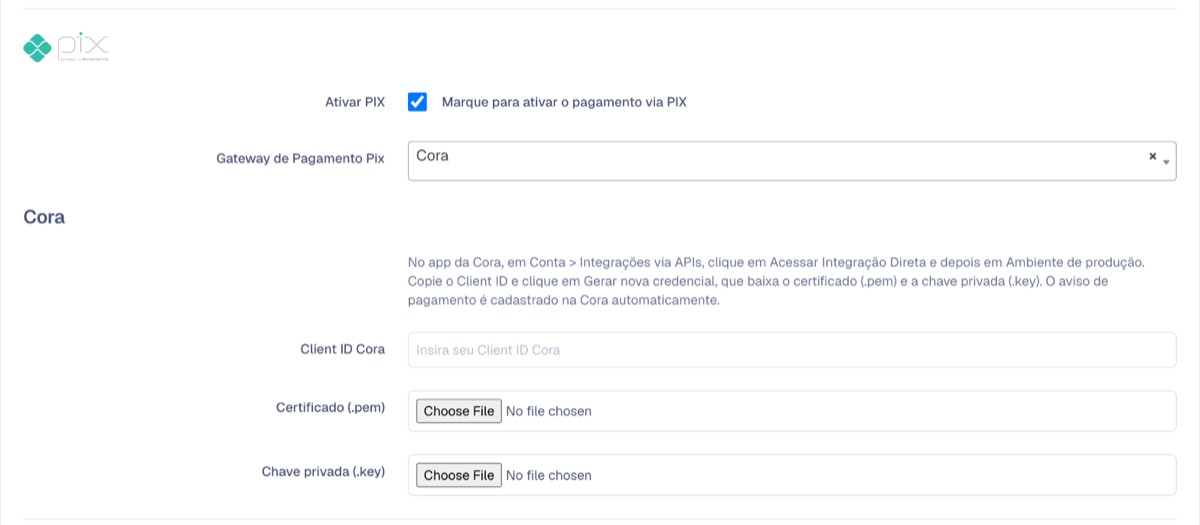 Pix com o gateway Cora: Client ID, certificado e chave privada