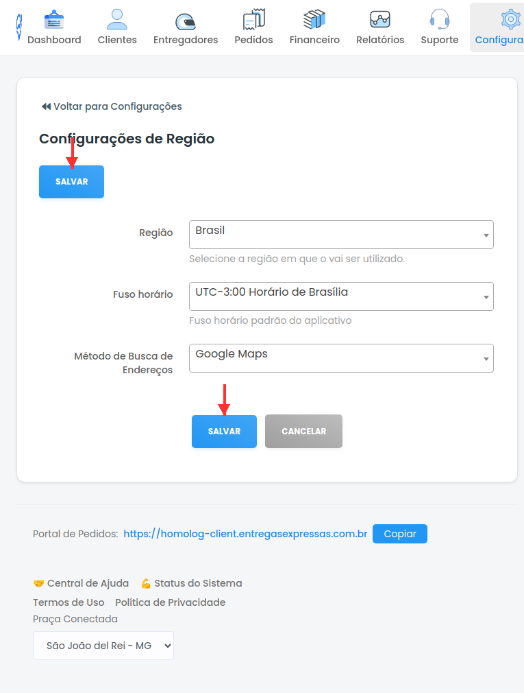 Tela de Configurações de Região
